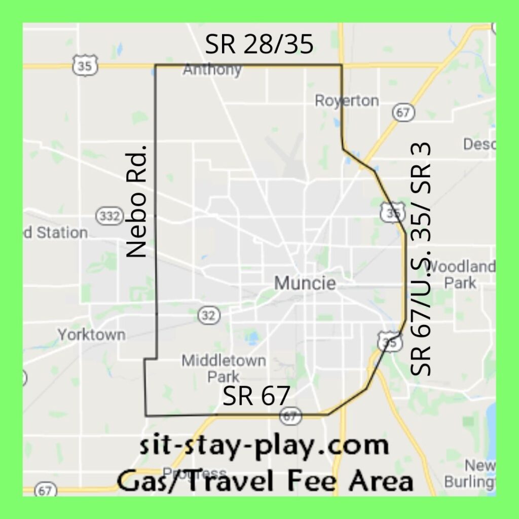 map of Muncie Pet Sitter's gas/travel area